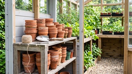 Fototapeta premium Garden tool shed with terracotta pots and plants on shelves 