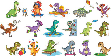 Obraz premium Cute Dinosaur Sports and Outdoor Activities Cartoon Character Collection Vector Illustration Set
