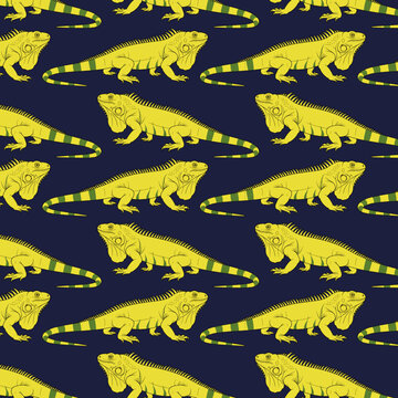 Fun tropical seamless repeat pattern design with iguana illustrations 