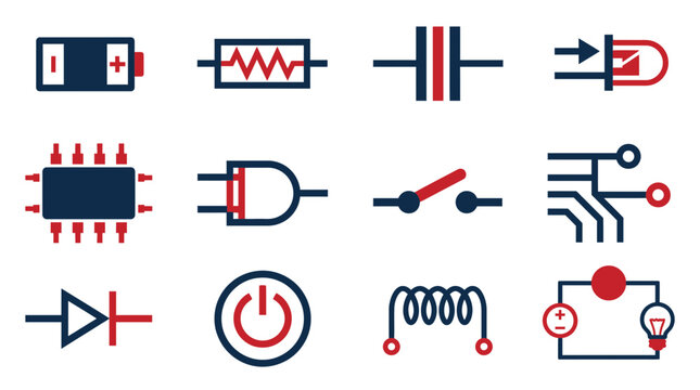 Electronic Circuit Symbols: Battery, Resistor, Capacitor, LED, Chip, Plug, Switch, Board