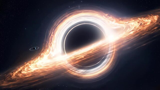 Supermassive black hole with glowing accretion disk in deep space. Cinematic wide shot of celestial phenomenon.