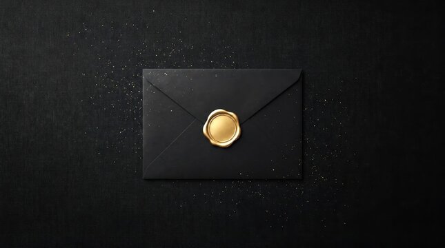 Luxury black envelope, gold wax seal, dark background. Premium branding mockup, copy space. Invitation, gift card, certificate, product launches, retail, Black Friday, marketing, exclusive event