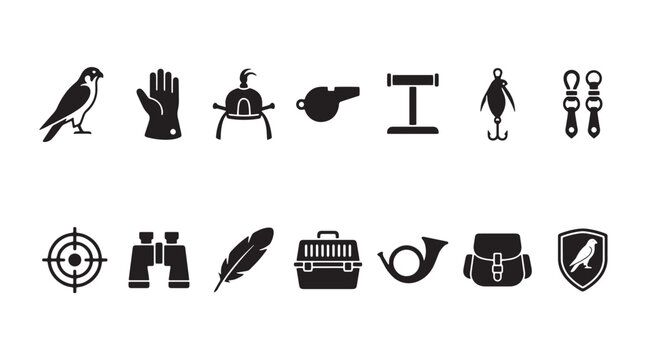 Falconry and hunting icons set, 14 black solid vector symbols of predatory birds and equipment, falcon training tools for outdoor sport
