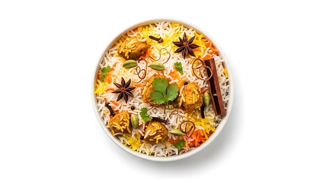Aromatic Biryani Delight: A visually stunning overhead view of a delicious biryani dish.