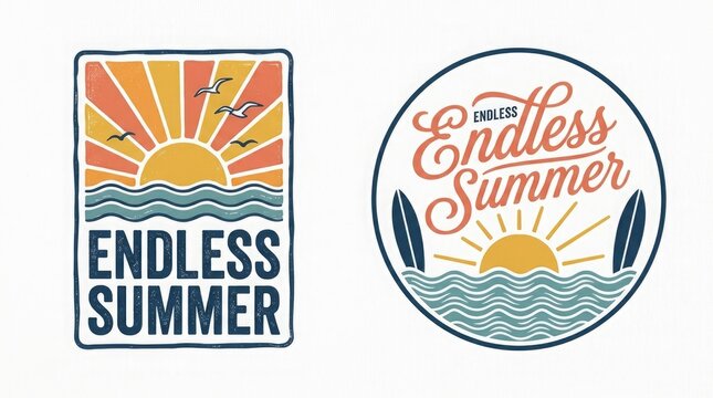 Set of two vintage style summer beach emblems with sun waves and surfboard illustrations for apparel design