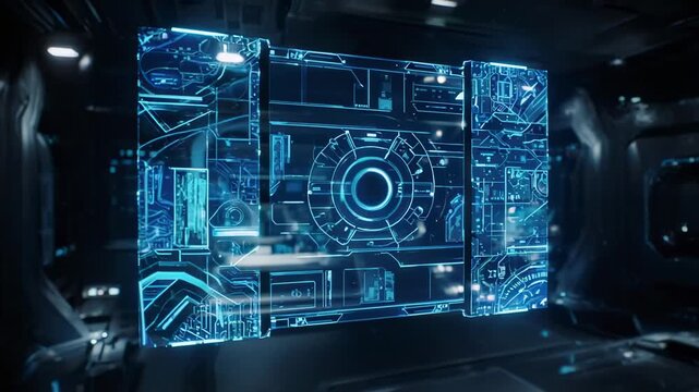 Blue neon futuristic machine interior with spinning gears and digital holograms