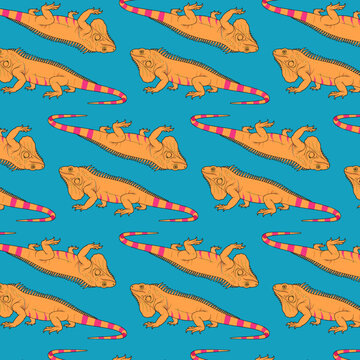 Tropical bright repeat pattern design in a seamless vector with iguana lizard illustrations 