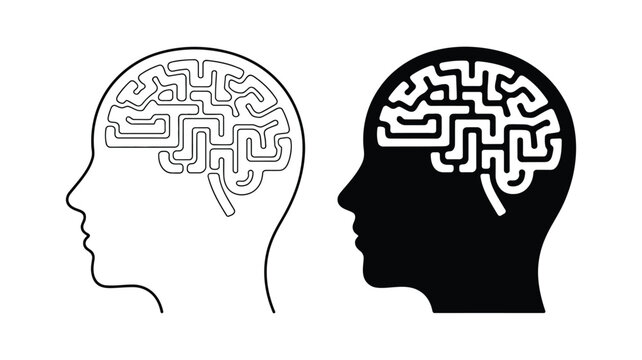 Neural awareness icon with human head profile illustrating cognitive processing brain activity perception and intelligence in line and solid styles