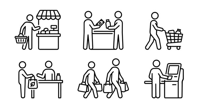 Grocery shopping, market stall, cash payment, self checkout kiosk and eco bag icon set vector illustration. Retail transaction concept.