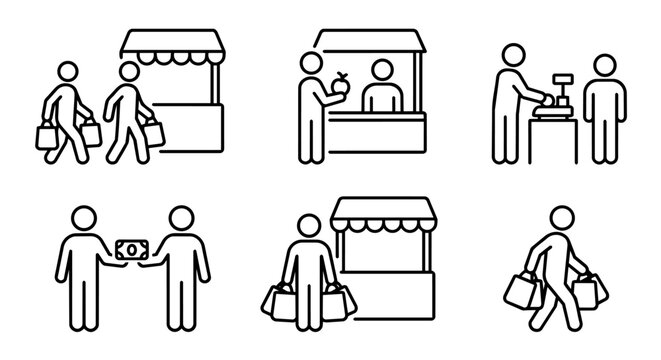 Market stall shopping, fruit vendor, cash payment, weighing scale and shopping bag icon set vector illustration. Retail trade concept.