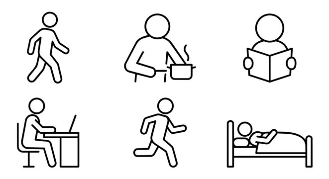 Daily routine, lifestyle habits, cooking, reading, working on laptop, running and sleeping icon set vector illustration.