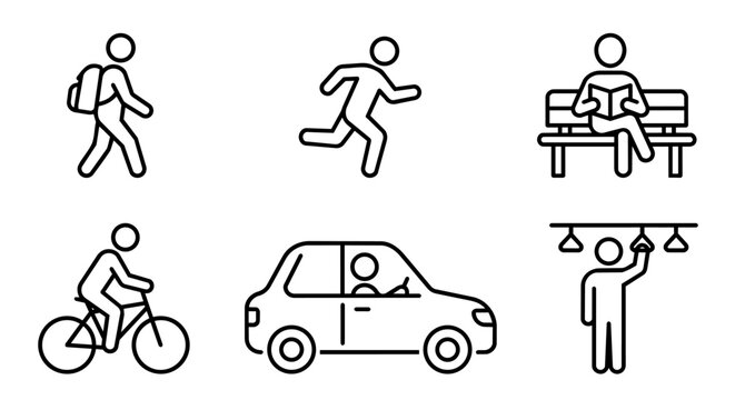 Daily commute, urban transportation, walking, running, bench reading, cycling, car driving and public transit icon set vector illustration.
