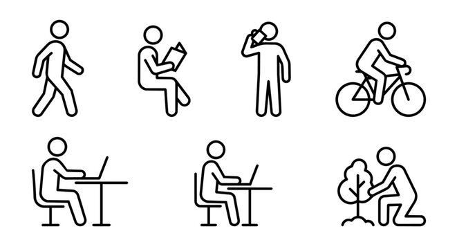 Daily lifestyle habits, walking, reading, phone call, cycling, working on laptop and planting tree icon set vector illustration.