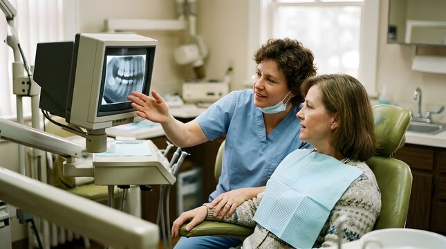 Professional female dentist showing and explaining digital dental X-ray results on a monitor to a mature patient in a clinic