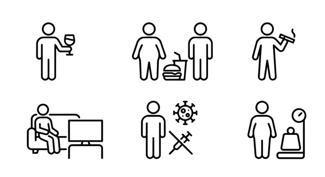 Unhealthy lifestyle habits, alcohol, fast food obesity, smoking, sedentary couch potato and no vaccine icon set vector.