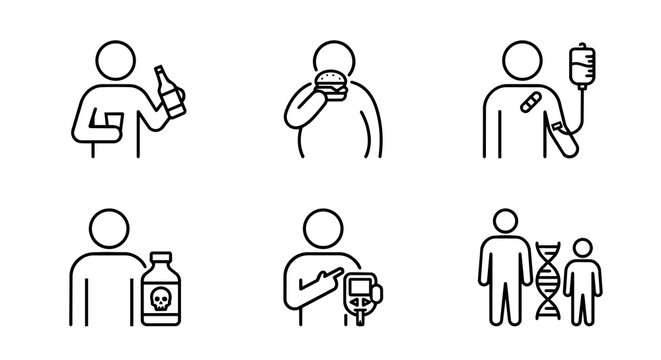 Disease risk factors, alcoholism, obesity fast food, IV drip, toxic chemical, blood glucose meter and genetic DNA icon set vector.