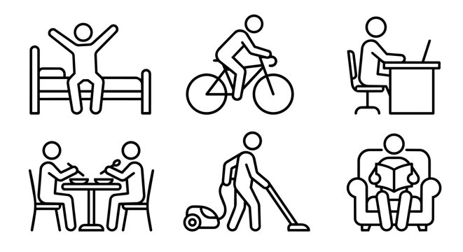 Daily routine lifestyle, waking up in bed, cycling, laptop working, dining together, vacuum cleaning and sofa reading icon set vector.