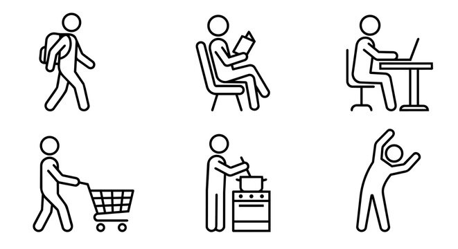 Daily lifestyle routine, walking, reading book, laptop working, grocery shopping, cooking and stretching exercise icon set vector.