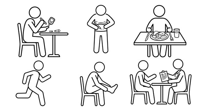 Diabetes management and healthcare routine set vector illustration. Glucose test, insulin injection, healthy diet, exercise, foot care and doctor consultation.