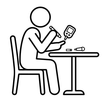 Person testing blood glucose with meter, lancing device and strip at table icon vector illustration. Diabetes care concept.