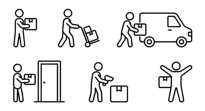 Courier parcel delivery service process icon set vector illustration. Delivery man with box, hand truck, van, scanning and doorstep delivery.