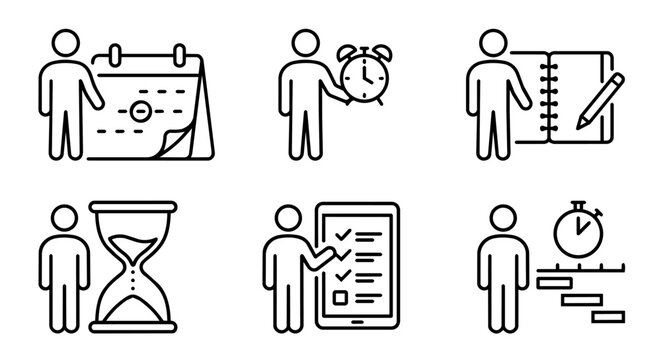 Time management, calendar schedule, alarm clock, hourglass countdown, task checklist and Gantt chart icon set vector illustration.