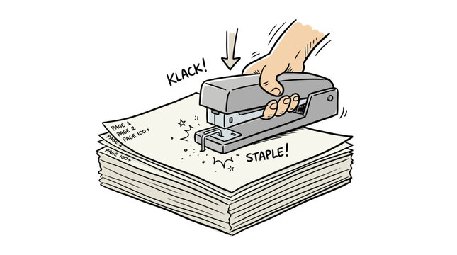 Cartoon illustration of a human hand operating a heavy-duty stapler to bind a thick stack of over 100 white pages. Features sound effects KLACK and STAPLE in comic book style.
