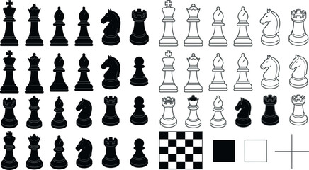 Chess Pieces Collection with Black and White Game Figures Chessboard Squares and Strategy Icons Flat Vector Illustration for Board Game Design © Shekhor studioBD