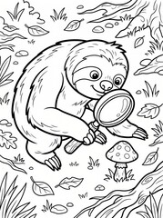 Fototapeta premium Coloring page, curious sloth looking at a mushroom with a magnifying glass.