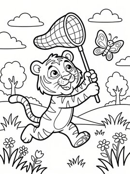 Coloring page, playful tiger catching a butterfly with a net.