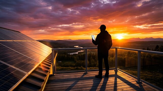 Silhouette of a homeowner using a smartphone on a deck with solar panels during a beautiful sunset over a mountain valley