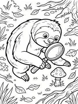 Coloring page, curious sloth looking at a mushroom with a magnifying glass.