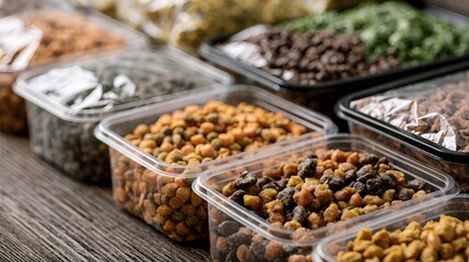 Obraz premium Various types of dry pet food in clear plastic containers arranged on a wooden surface for feeding