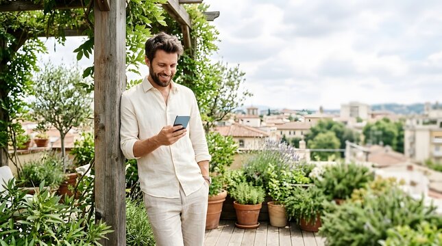 Happy man leaning against a wooden pillar on a lush rooftop garden terrace while using his smartphone with a city view background