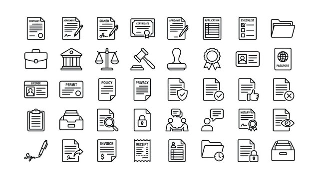 Comprehensive collection of legal and business document outline icons perfect for modern digital interface design elements