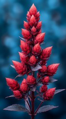 Fototapeta premium Vibrant Red Cockscomb Flower Against a Blurry Blue Background with Natures Beauty.