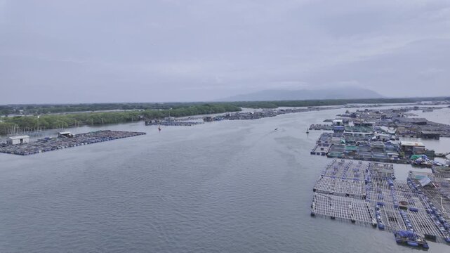 view of oyster farming rafts on the river in Long Son, near Ho Chi Minh City, Vietnam.