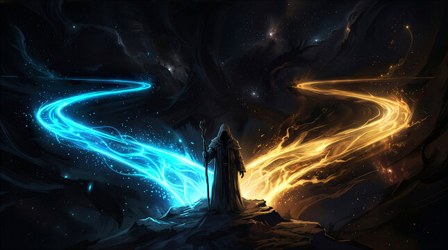 Wizard standing between magical light paths. Fantasy mage choosing between fire and ice magic.