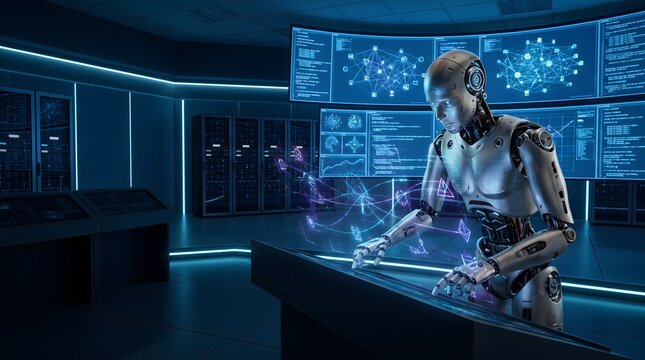 Humanoid robot working in a high tech digital control room