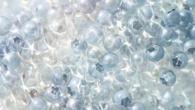 A close-up of numerous shiny blue and silver berries or beads, creating a sparkling and festive appearance.