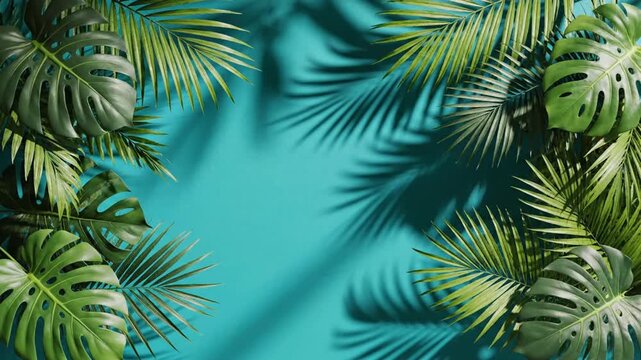 Tropical Palm and Monstera Leaves Frame Blue Fabric Top Down View. 4K Video