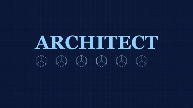 Architect title card with animated geometric cube on blue grid animation 4k background, architecture construction
