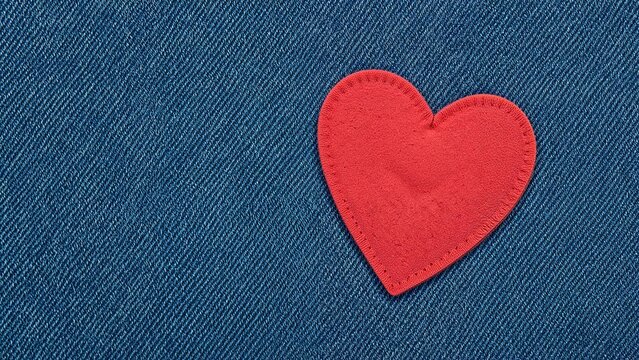 A red heart-shaped patch on denim fabric.