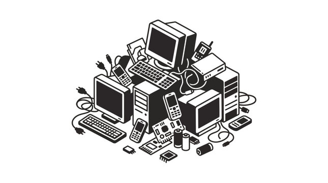Pile of old computer equipment and electronics for recycling