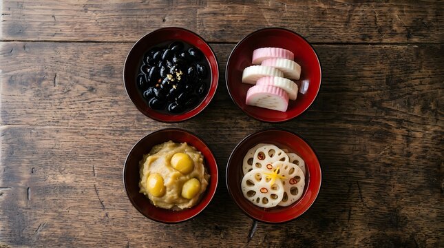 Top view of four red lacquer bowls containing traditional Japanese Osechi Ryori dishes arranged neatly on a dark wooden background.