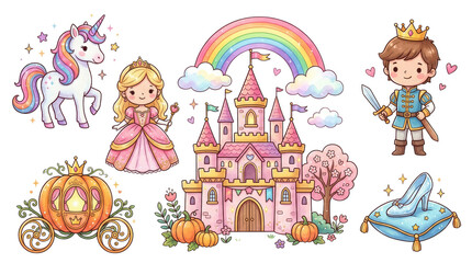 Fototapeta premium Collection of cute fairy tale elements featuring a princess prince unicorn and castle isolated on transparent background