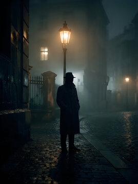 Silhouette of a man standing under a vintage street lamp on a foggy cobblestone city street at night in a cinematic noir style with silhouette atmospheric dramatic