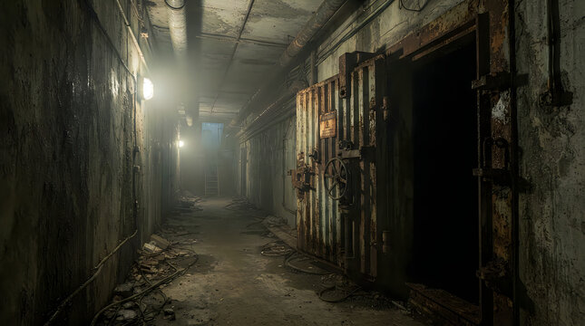 Dark and moody narrow abandoned underground tunnel with dim lighting and weathered concrete walls creating a mysterious atmosphere in a derelict structure, abandoned