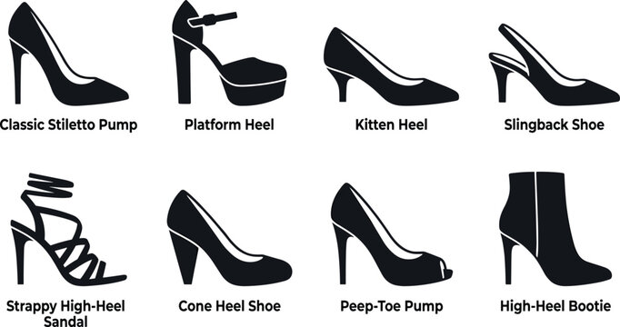 Women High Heels Icon Set Featuring Various Footwear Styles Silhouette Vector Illustration
