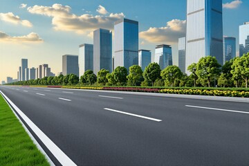 Obraz premium Empty asphalt road leads to modern cityscape with glass skyscrapers under blue sky. Green trees, blooming flower bushes line highway. Urban highway landscape offers smooth pavement path for cars